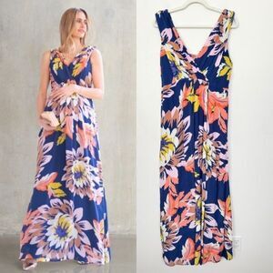 Seraphine Seasonal Blooms Maternity Nursing Maxi Dress V-Neck Blue Women's 14